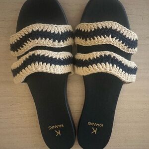 Kaanas Tansy Crochet Cotton & Leather Slides Navy & Ivory Size 8M (retails $179)